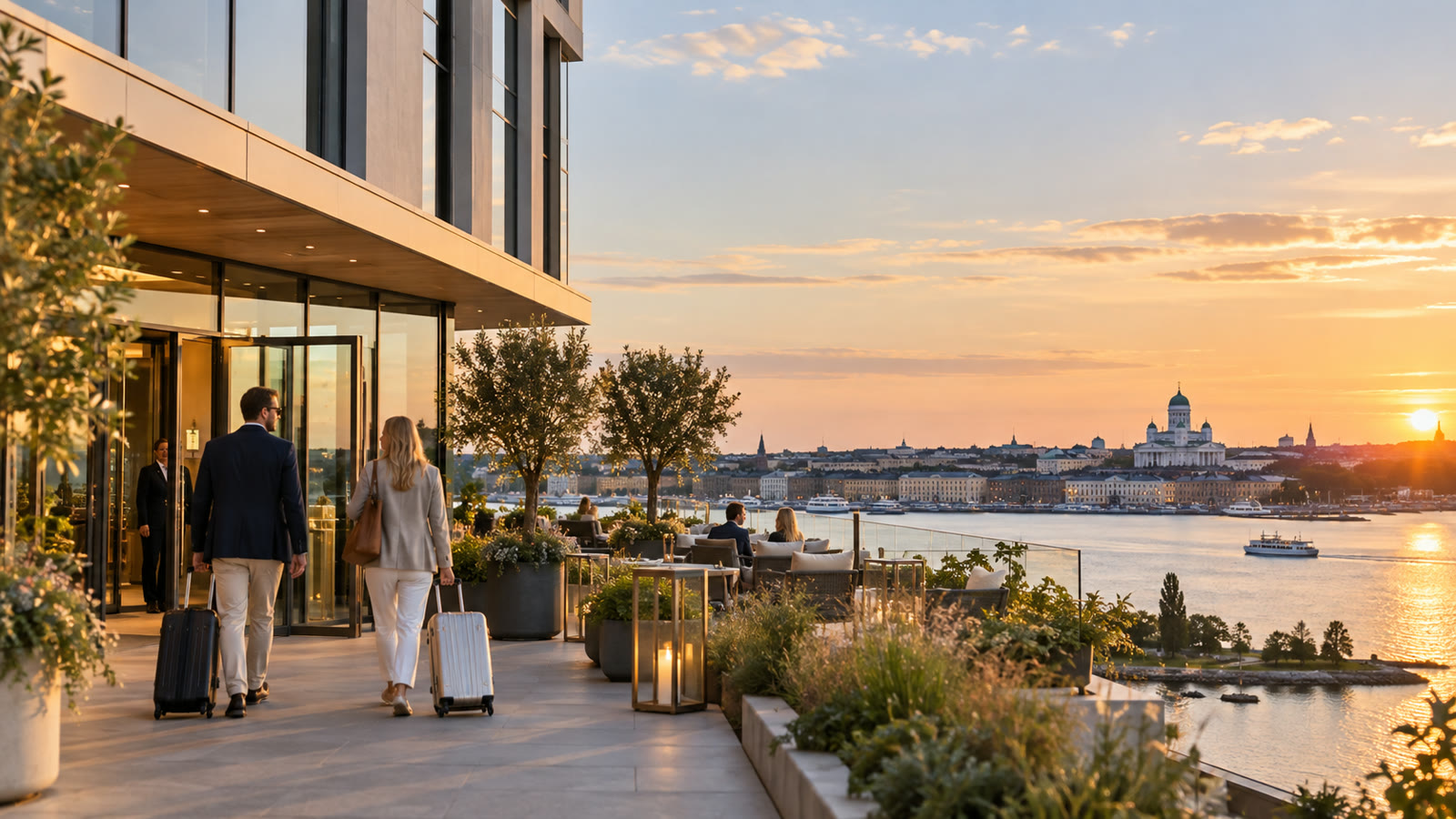 Kuvituskuva modernista hotellista Helsingin merimaisemassa